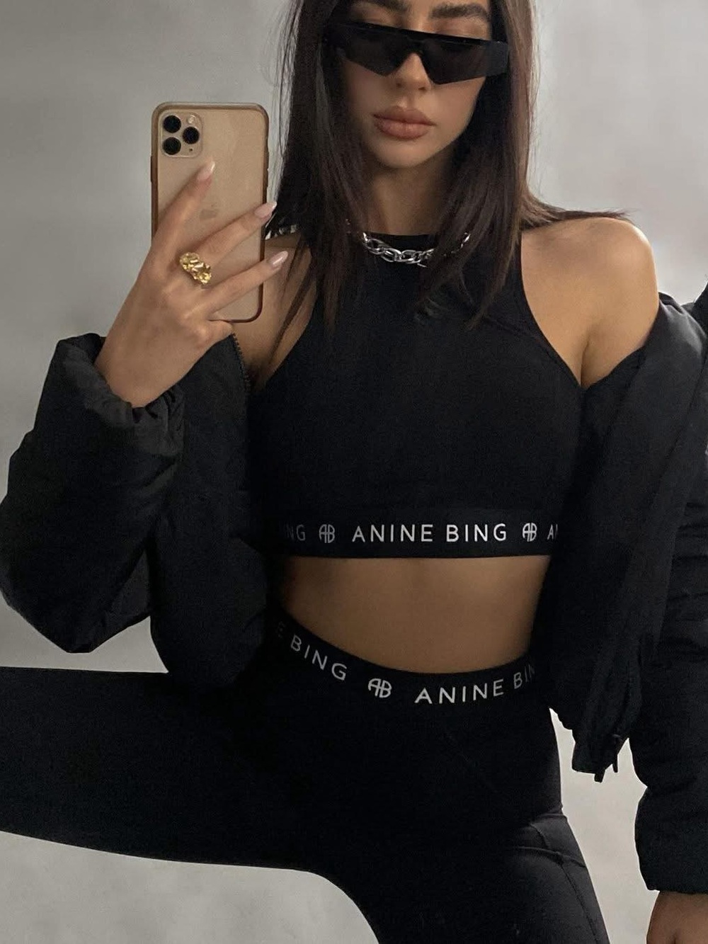 Anine Bing Chase Sports Bra Black Logo Elastic Band High Neck Size Small